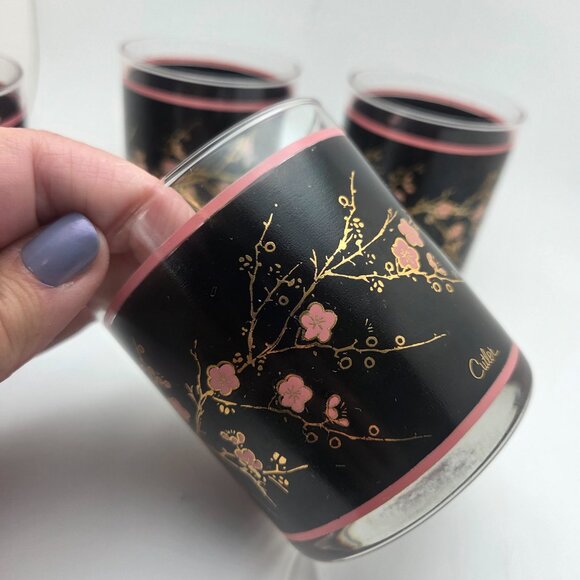 Vintage Cutler Glasses Japanese Pink Cherry Blossoms Mid-Century Modern Set of 4 - Picture 10 of 16